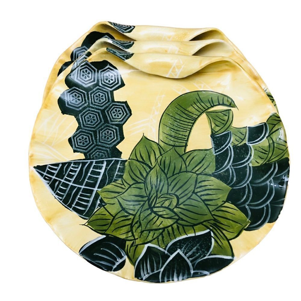 Tommy Bahama Set/3 Ambiance Curled Edge Yellow Green Tropical Print Salad Plates - Picture 3 of 9
